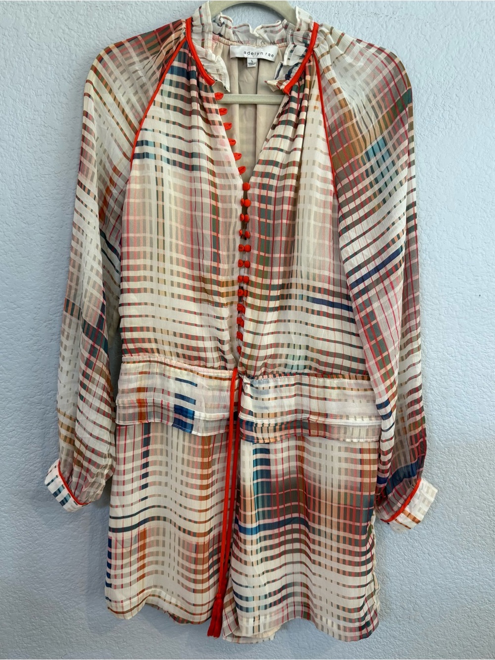 Adelyn Rae Plaid Sheer Ruffle High Neck Long Sleeve Mini Dress L
